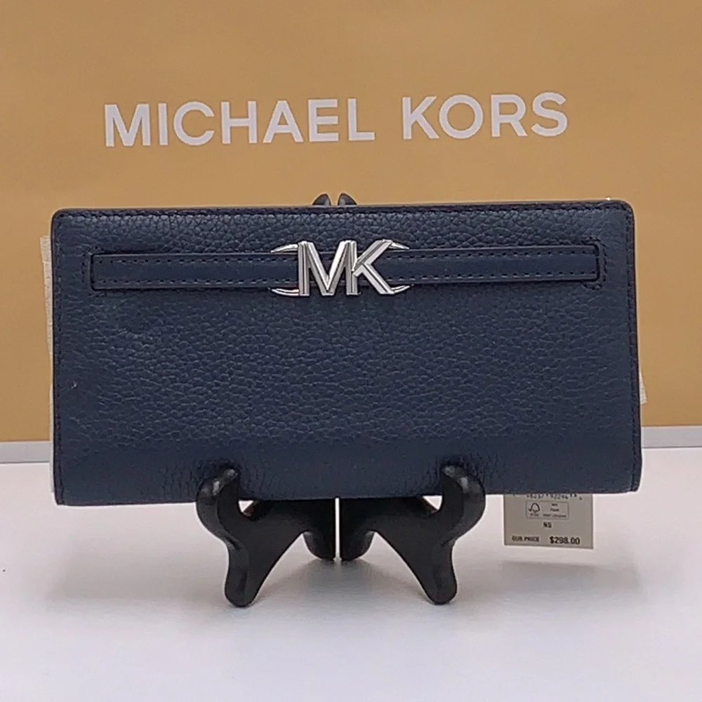 Michael Kors Reed Large Bifold Pebbled Leather Snap Wallet Card Case Navy NWT - Picture 2 of 12
